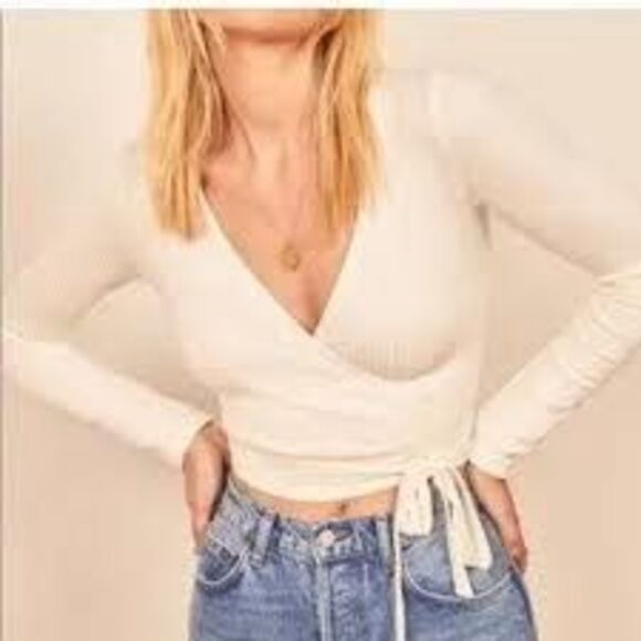 Reformation Tops - Reformation Petals Wrap Ribbed Knit Long Sleeve Top Blouse White Large